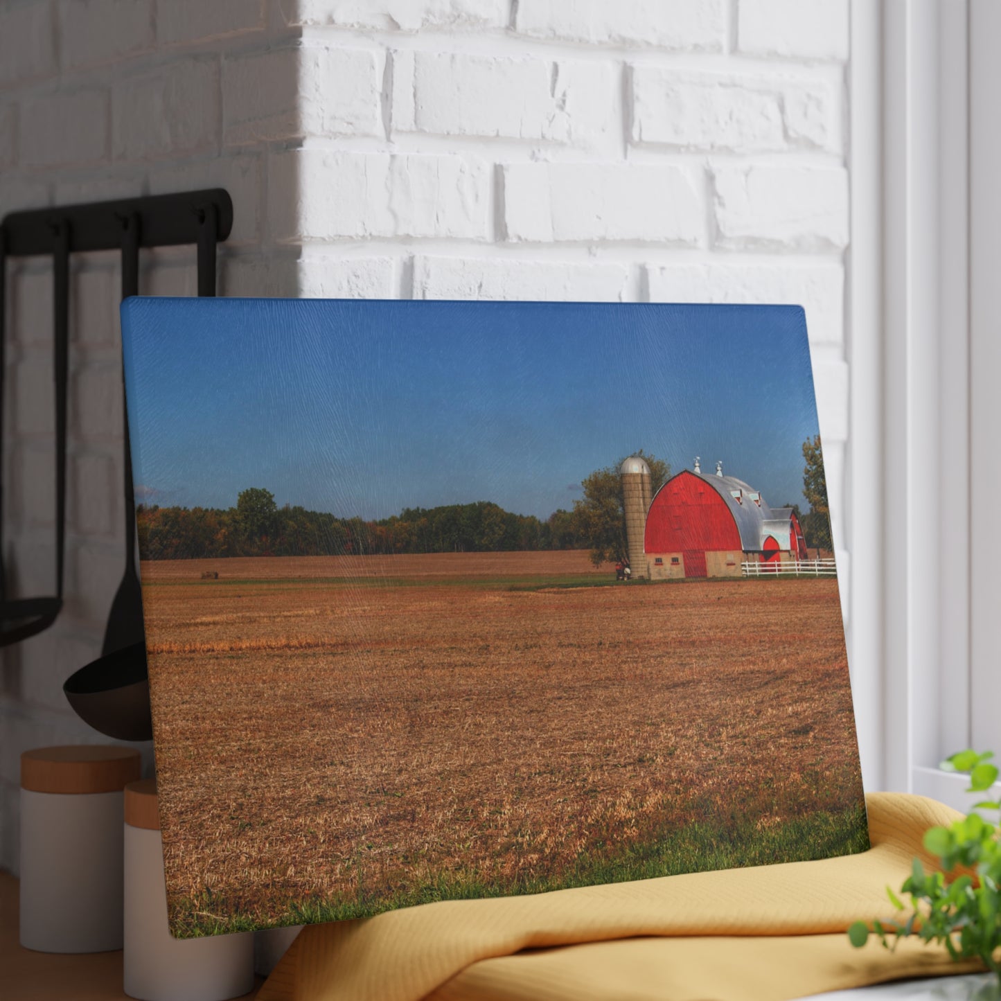 U R There Photography Brown City Wellman Line Road Red Rustic Farmhouse Tempered-Glass Cutting Board
