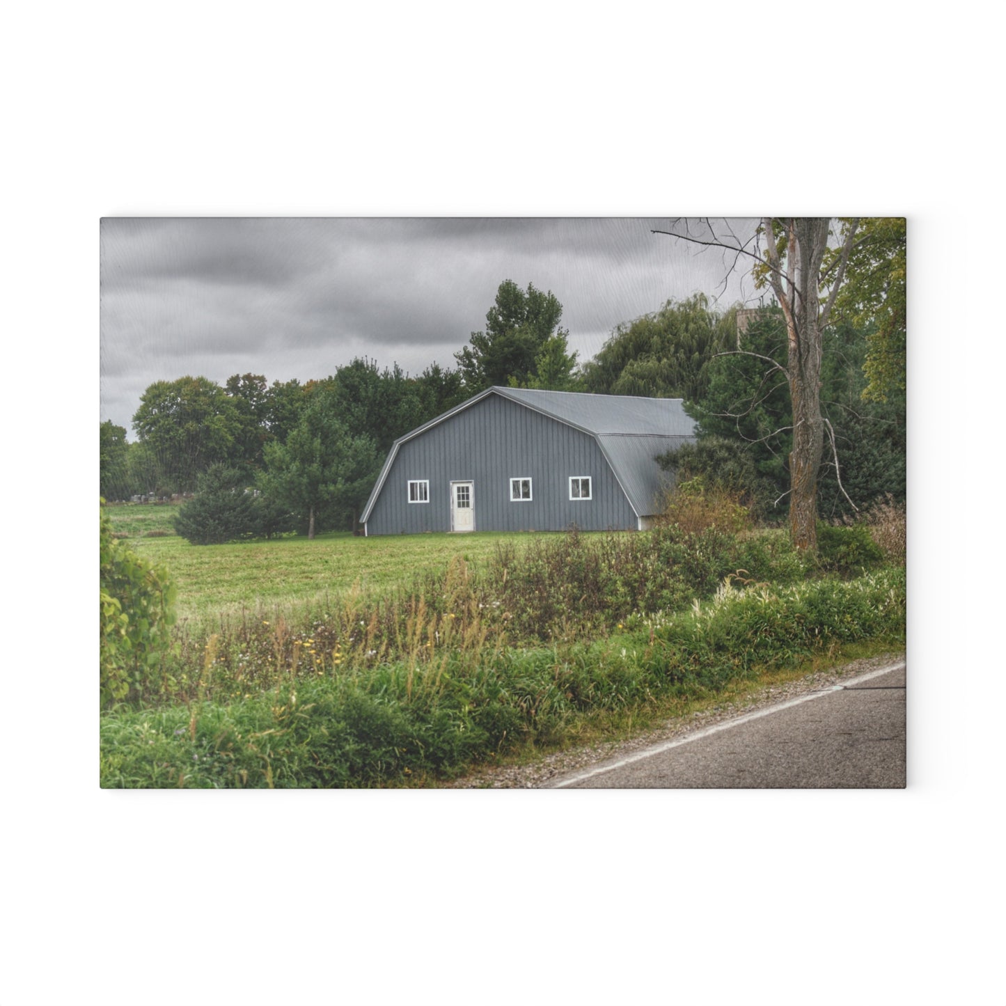 U R There Photography Hinson Road Grey Quonset Rustic Farmhouse Tempered-Glass Cutting Board