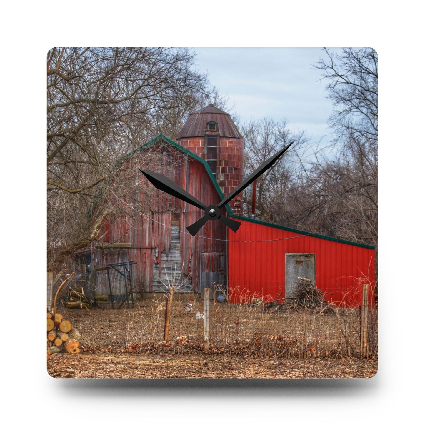 U R There Photography Bray Road Hidden Barnyard Red I Rustic Farmhouse Acrylic Analog Wall Clock