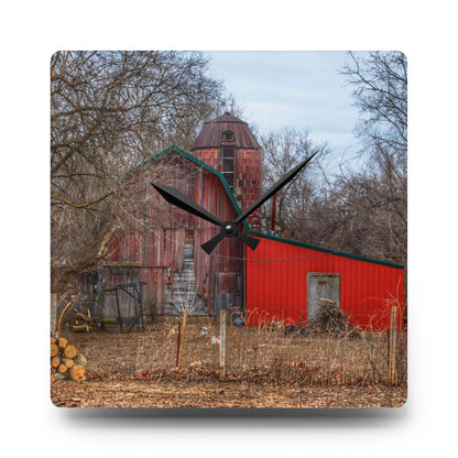 U R There Photography Bray Road Hidden Barnyard Red I Rustic Farmhouse Acrylic Analog Wall Clock