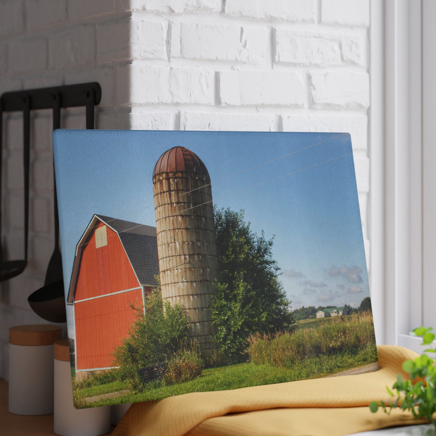 U R There Photography August Red and Silo Rustic Farmhouse Tempered-Glass Cutting Board