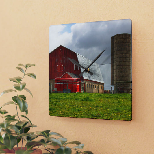 U R There Photography Clothier Road Red and Silo Rustic Farmhouse Acrylic Analog Wall Clock