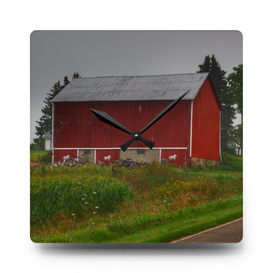 Brown Road Horse Barn I Rustic Farmhouse Acrylic Analog Wall Clock 10.75'' × 10.75'' (Square)