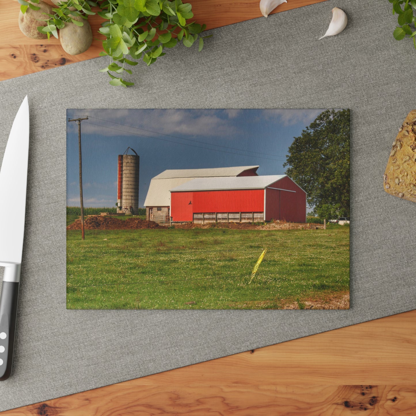 U R There Photography Clifford Farm and Silo Rustic Farmhouse Tempered-Glass Cutting Board