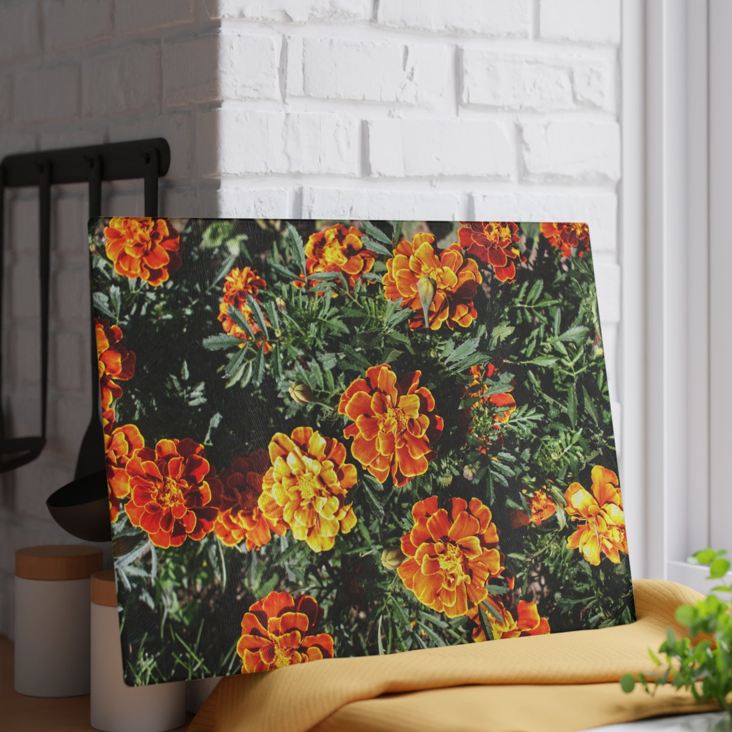 U R There Photography Marigolds Rustic Farmhouse Tempered-Glass Cutting Board