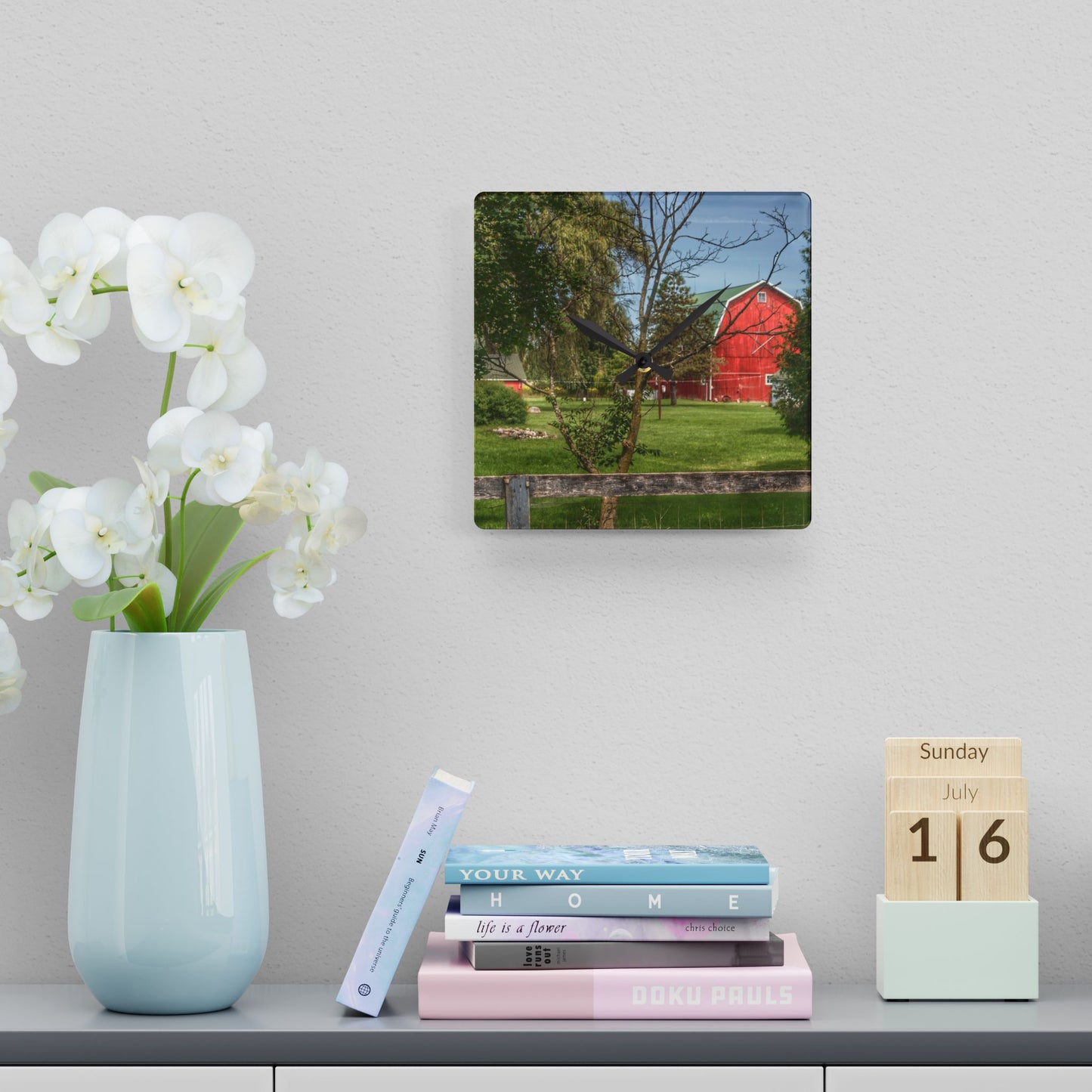 U R There Photography Roadside Red Beyond the Fence Rustic Farmhouse Acrylic Analog Wall Clock