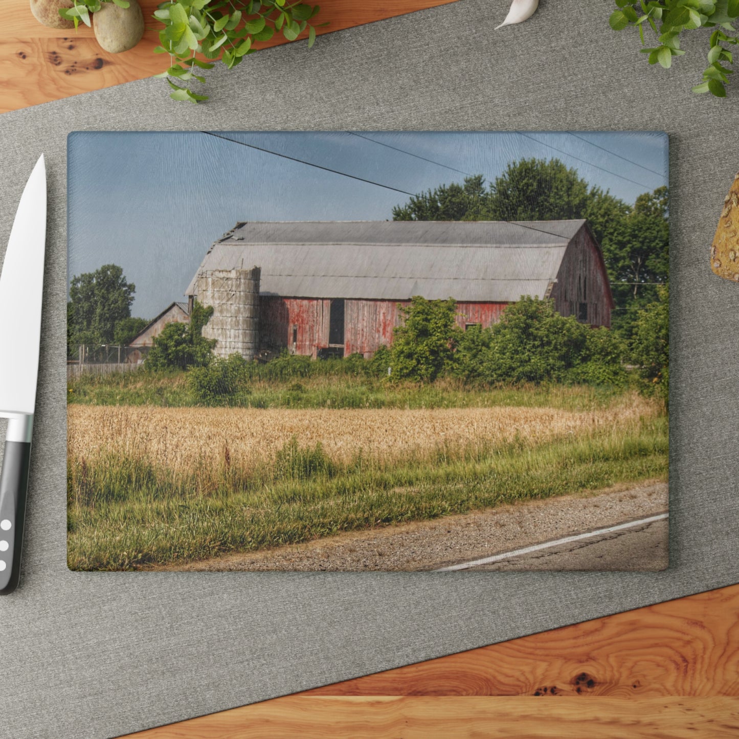 U R There Photography Dodge Road Old Red Rustic Farmhouse Tempered-Glass Cutting Board