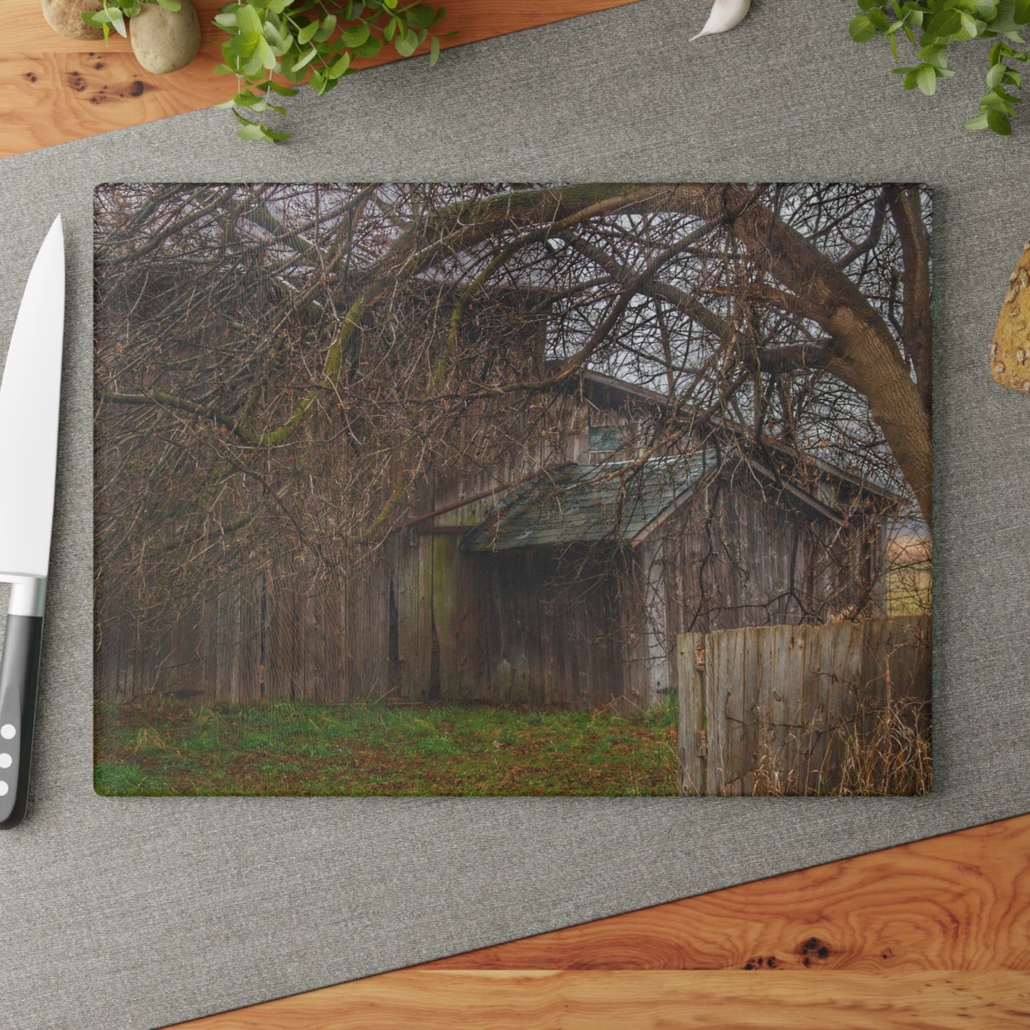 U R There Photography Bowers Road Greys III Rustic Farmhouse Tempered-Glass Cutting Board