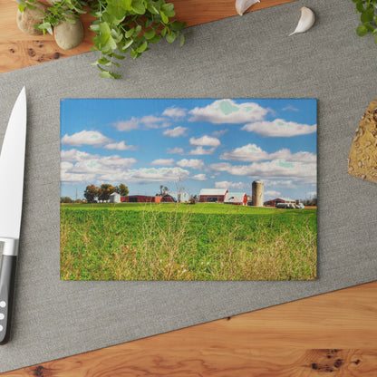 U R There Photography Pattison Road Farm Across the Field I Rustic Farmhouse Tempered-Glass Cutting Board
