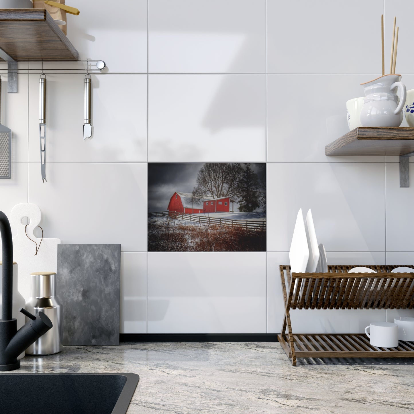 U R There Photography Catlin Red and Fence I Rustic Farmhouse Decorative Ceramic Tile