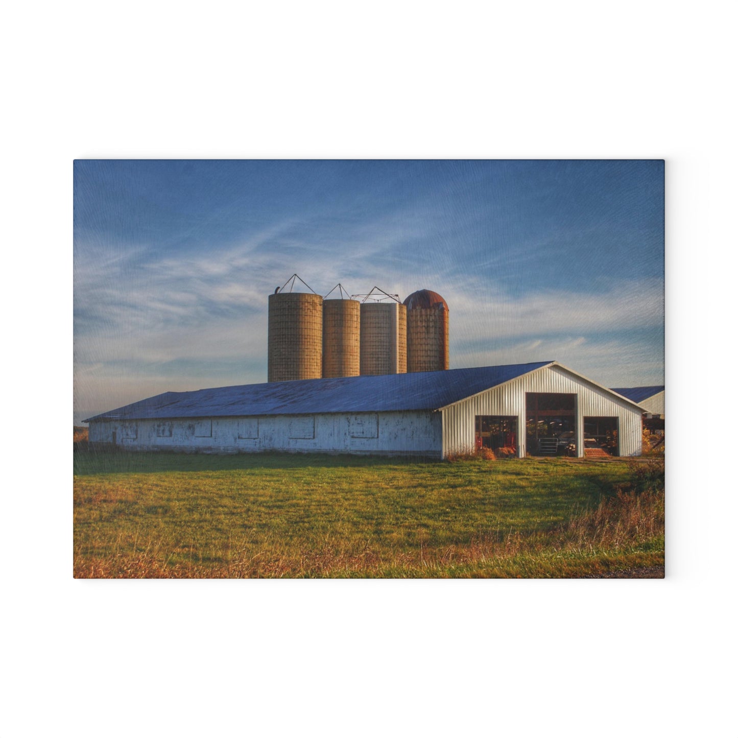 U R There Photography Peck White and Silos Rustic Farmhouse Tempered-Glass Cutting Board