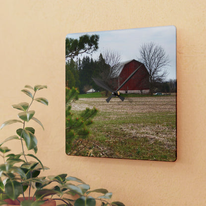 U R There Photography Hidden Millington Road Red Rustic Farmhouse Acrylic Analog Wall Clock