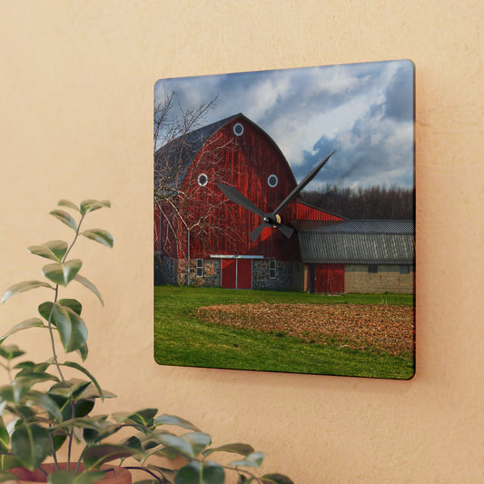 U R There Photography Clear Lake Road Fieldstone Red Rustic Farmhouse Wall Clock