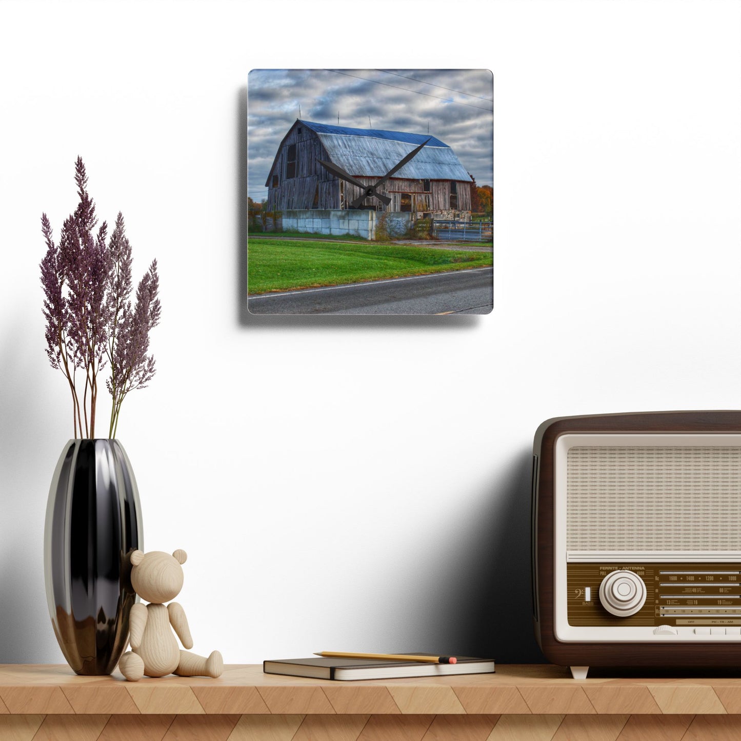 U R There Photography Marlette Road Haybarn Rustic Farmhouse Acrylic Analog Wall Clock