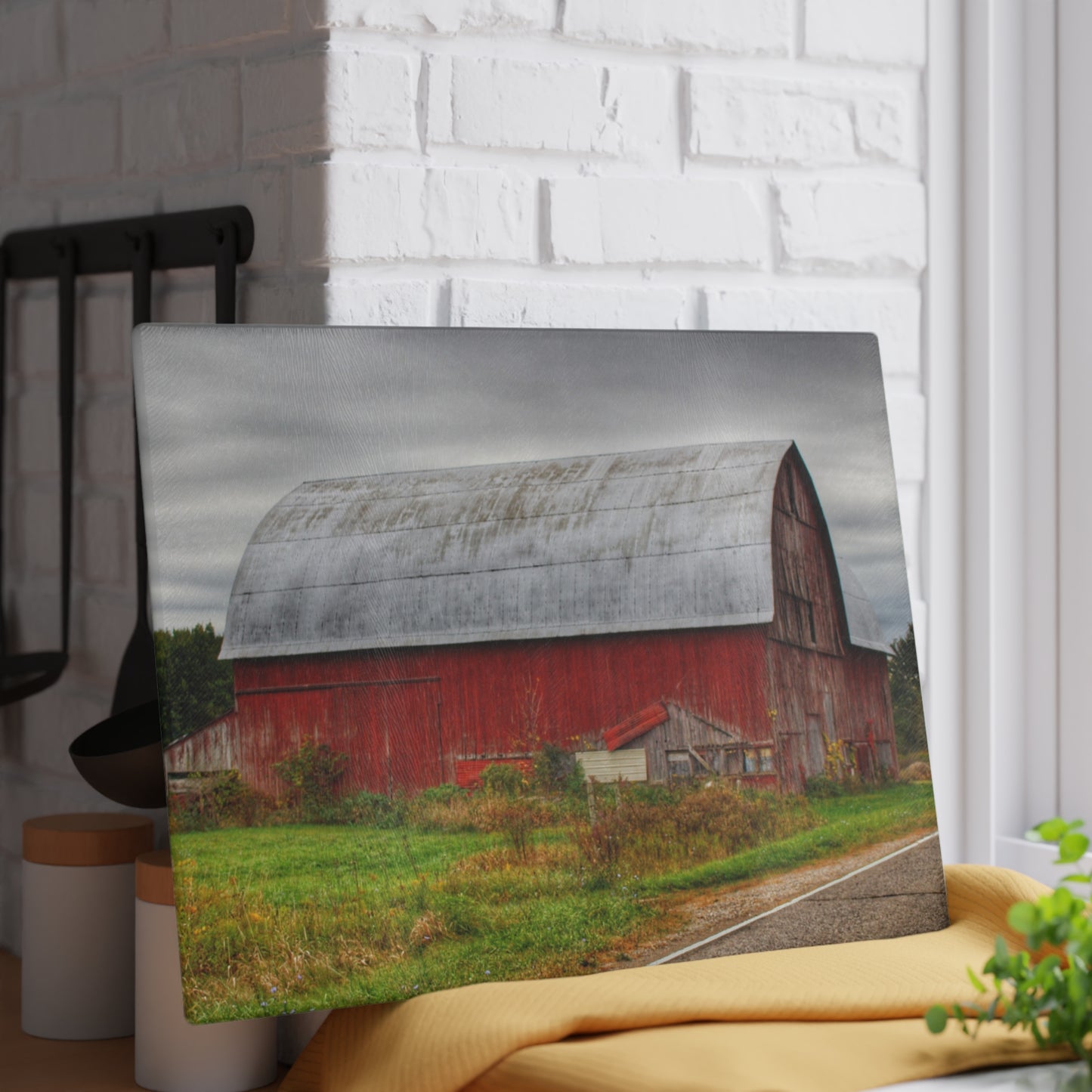 U R There Photography Valentine Road Red Saltbox Rustic Farmhouse Tempered-Glass Cutting Board