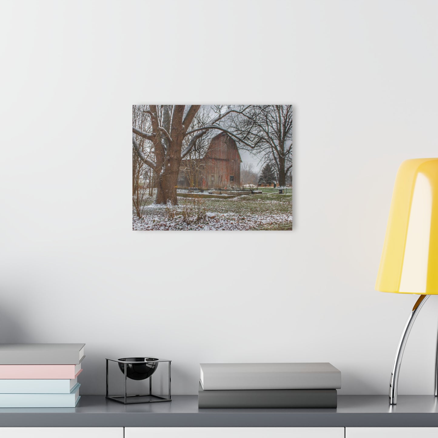 U R There Photography Bishop Road Winter Red Rustic Farmhouse Acrylic Wall Print