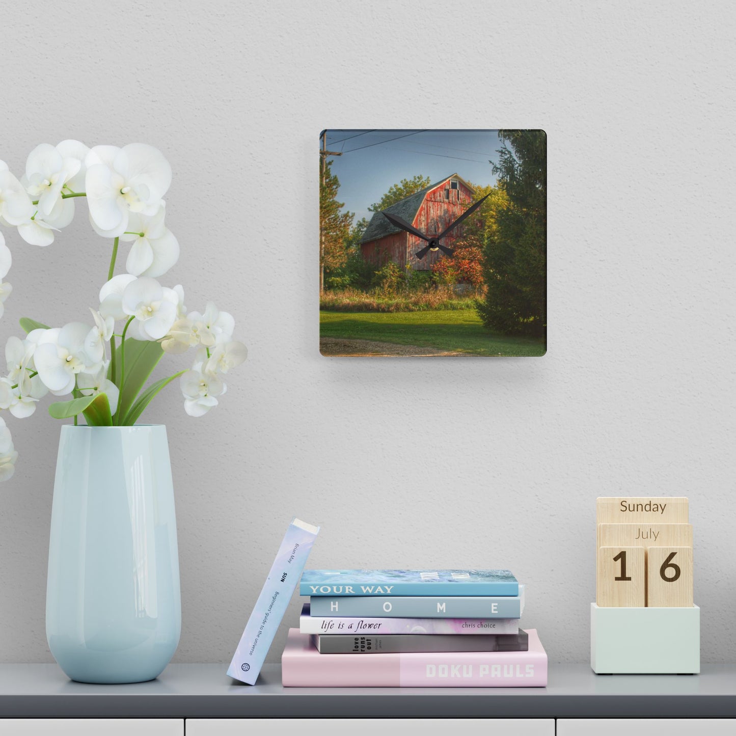 U R There Photography Belle River Red I Rustic Farmhouse Acrylic Analog Wall Clock