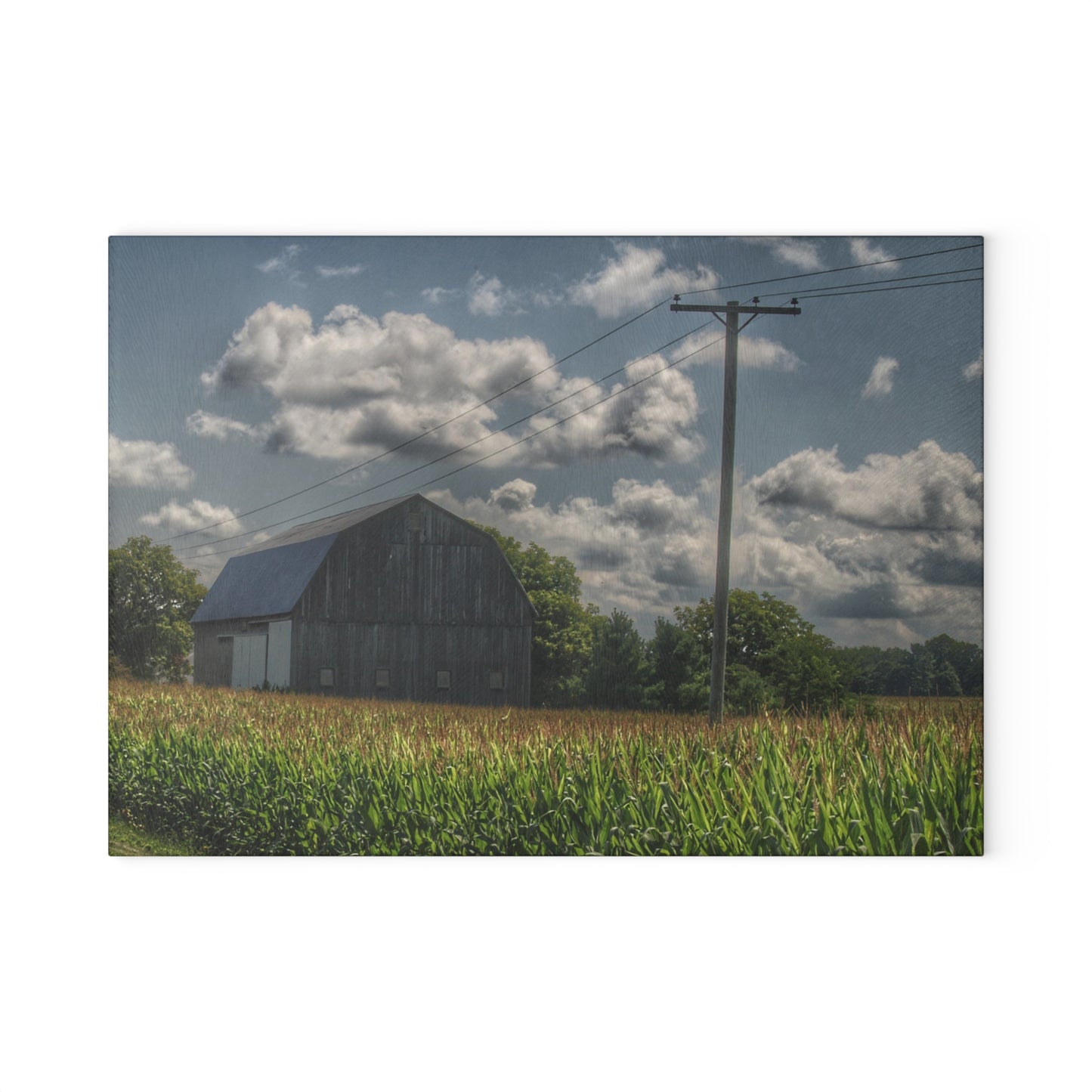 U R There Photography Grey Barn in a Cornfield Rustic Farmhouse Tempered-Glass Cutting Board