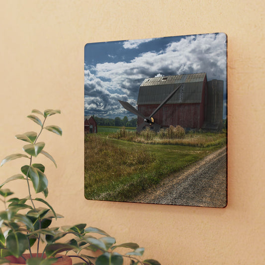 U R There Photography Haines Road Reds Rustic Farmhouse Acrylic Analog Wall Clock