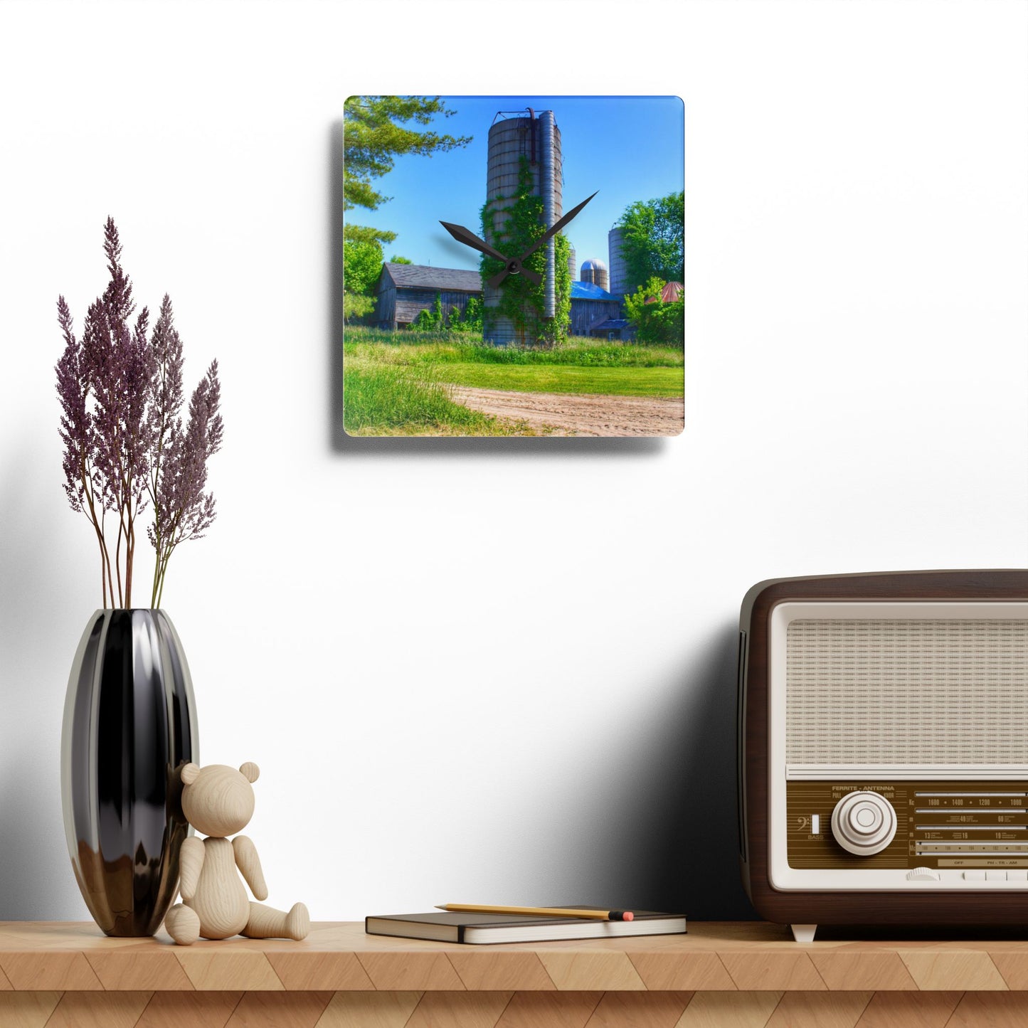 U R There Photography Bordman Road Old Grey and Silo II Rustic Farmhouse Acrylic Analog Wall Clock