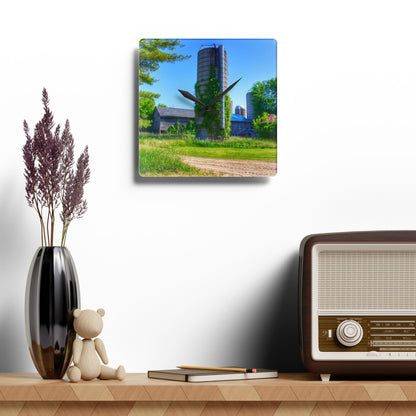 U R There Photography Bordman Road Old Grey and Silo II Rustic Farmhouse Acrylic Analog Wall Clock