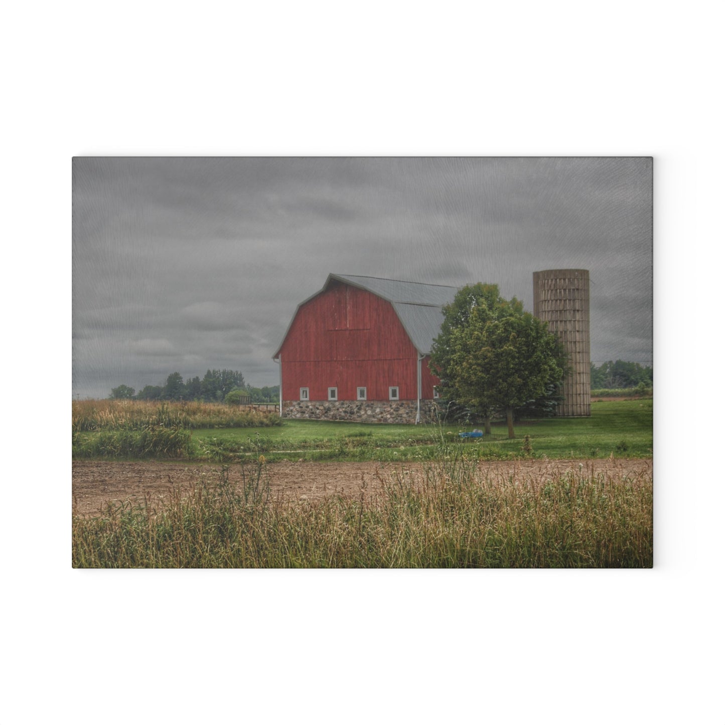 U R There Photography Clifford Road Red and Silo II Rustic Farmhouse Tempered-Glass Cutting Board