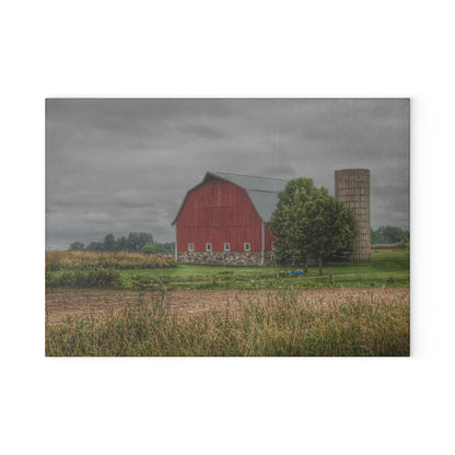 U R There Photography Clifford Road Red and Silo II Rustic Farmhouse Tempered-Glass Cutting Board
