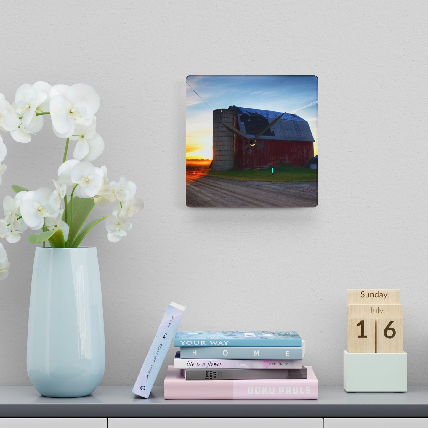U R There Photography Haines Road Red at Sunrise Rustic Farmhouse Acrylic Analog Wall Clock