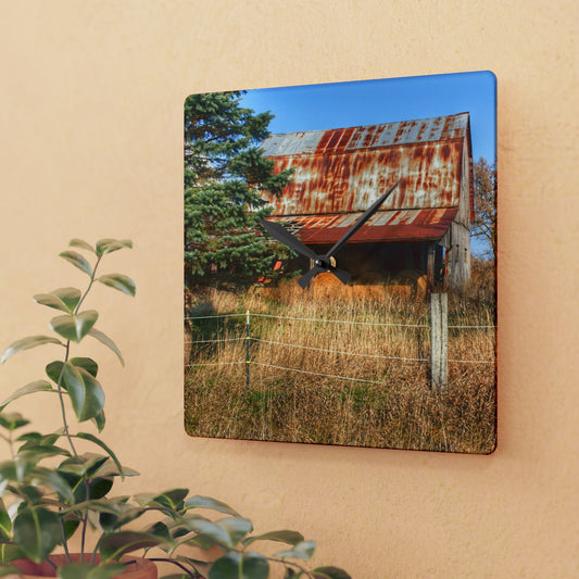 U R There Photography Dodge Road Hay Barn I Rustic Farmhouse Acrylic Analog Wall Clock