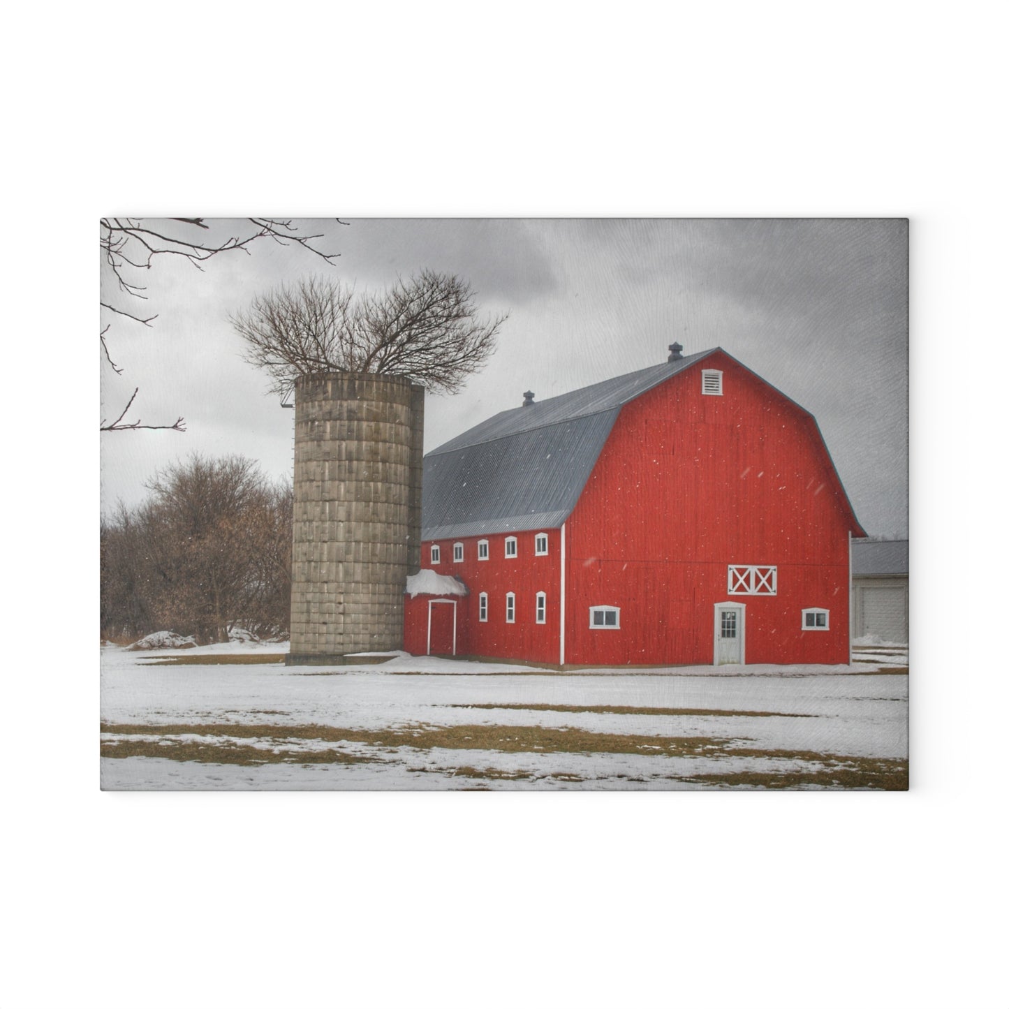 U R There Photography Hollow Corners Red Tree Silo Rustic Farmhouse Tempered-Glass Cutting Board