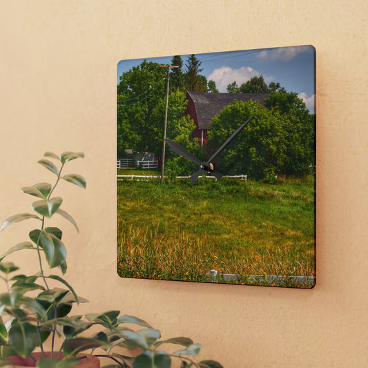 U R There Photography Hidden Red Beyond the Fence Rustic Farmhouse Acrylic Analog Wall Clock