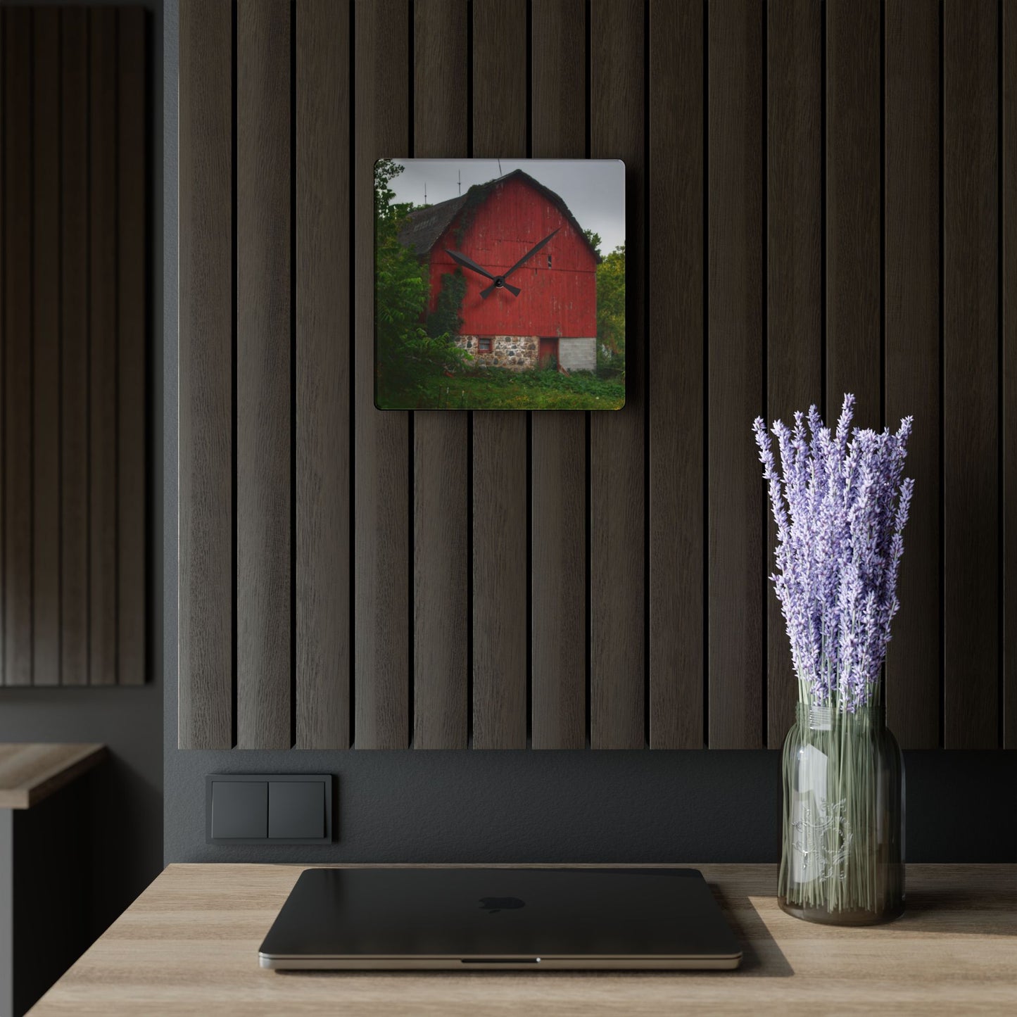 U R There Photography Brown Road Hidden Red I Rustic Farmhouse Acrylic Analog Wall Clock
