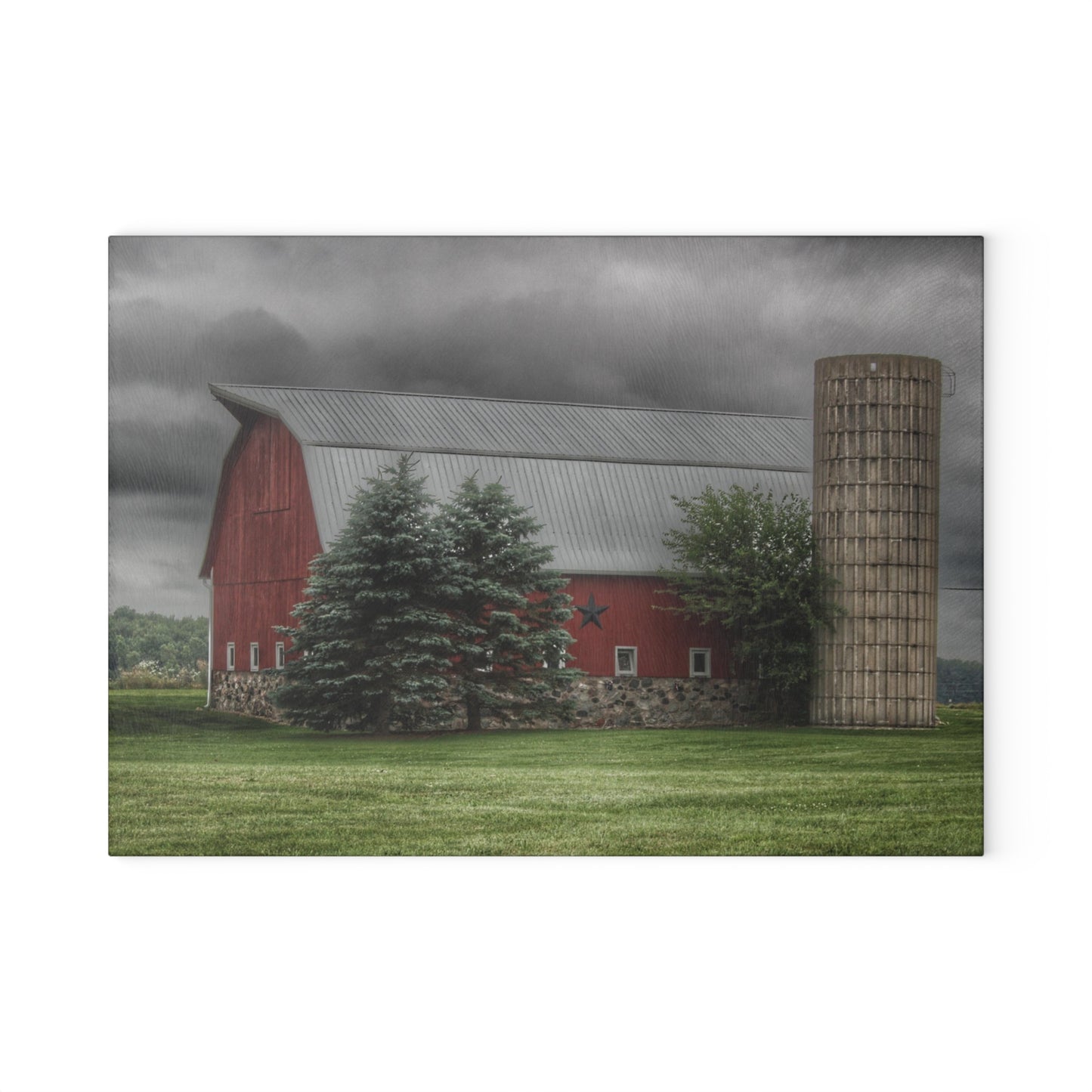 U R There Photography Clifford Road Red and Silo I Rustic Farmhouse Tempered-Glass Cutting Board