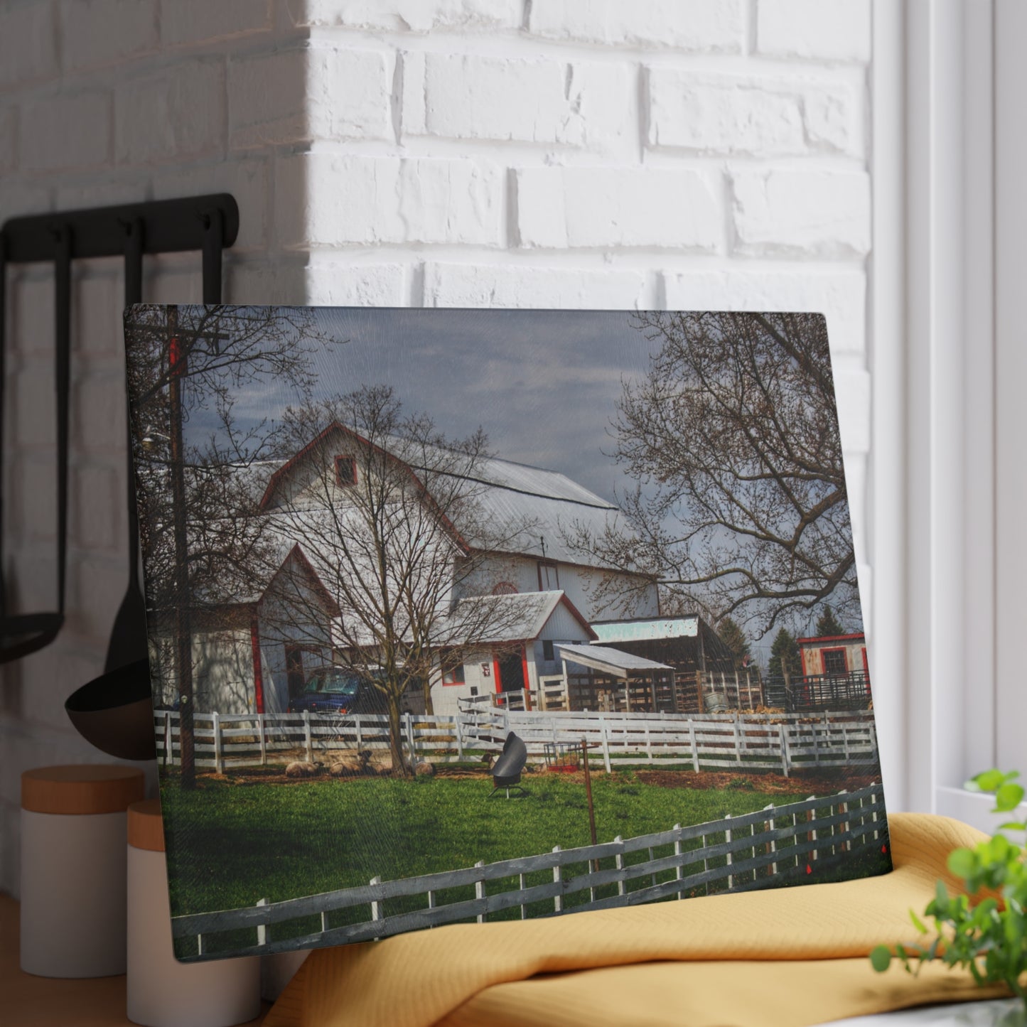 U R There Photography Henderson Whites Rustic Farmhouse Tempered-Glass Cutting Board