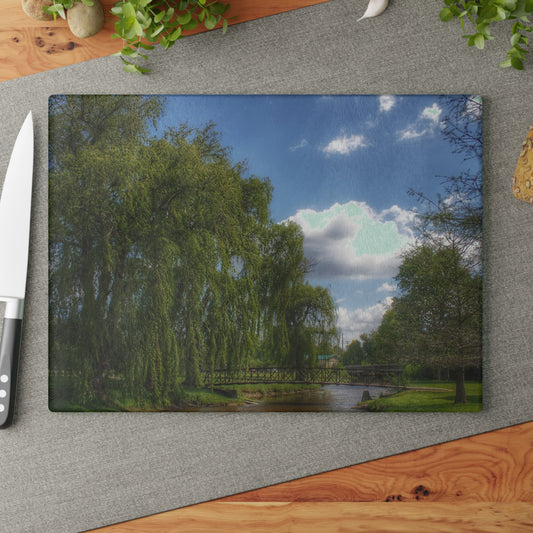 Barn Boutique Rustic Tempered-Glass Cutting Board| Crampton Park Bridge in Lapeer I