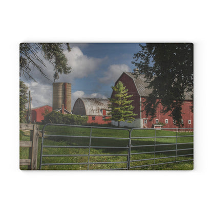 U R There Photography Hough Road Reds and Silo Rustic Farmhouse Tempered-Glass Cutting Board