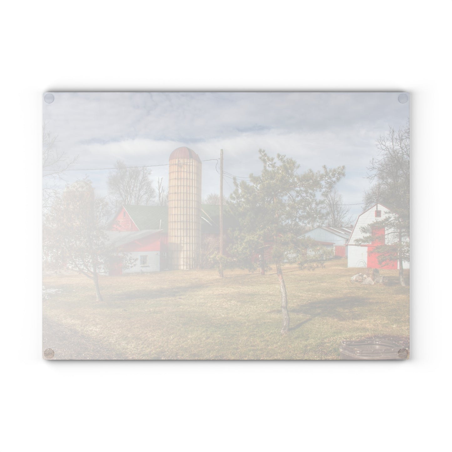 U R There Photography Newark Road Red and Silos I Rustic Farmhouse Tempered-Glass Cutting Board