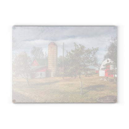 U R There Photography Newark Road Red and Silos I Rustic Farmhouse Tempered-Glass Cutting Board