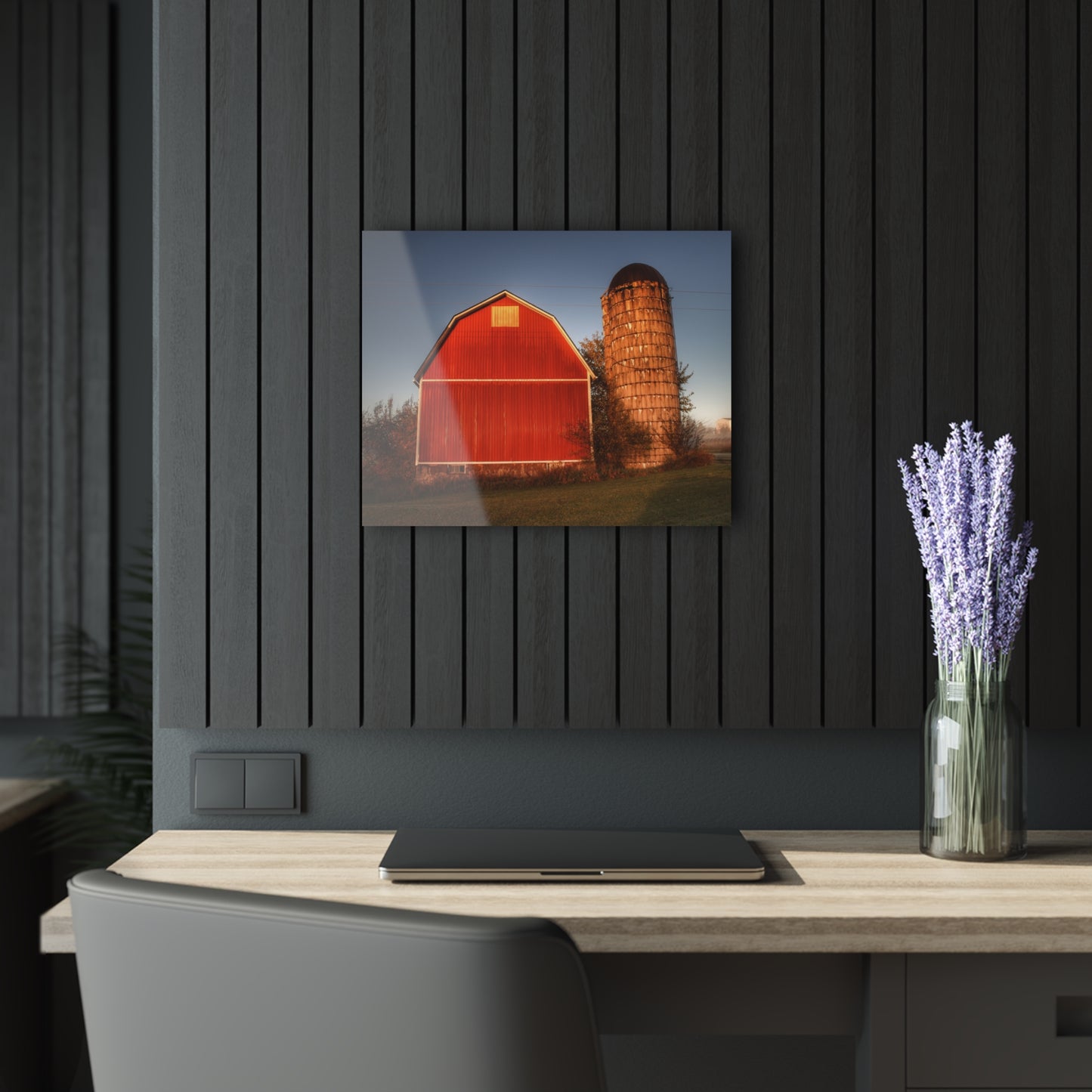 U R There Photography Klam Road Red Meets Foggy Sunrise I Rustic Farmhouse Acrylic Wall Print