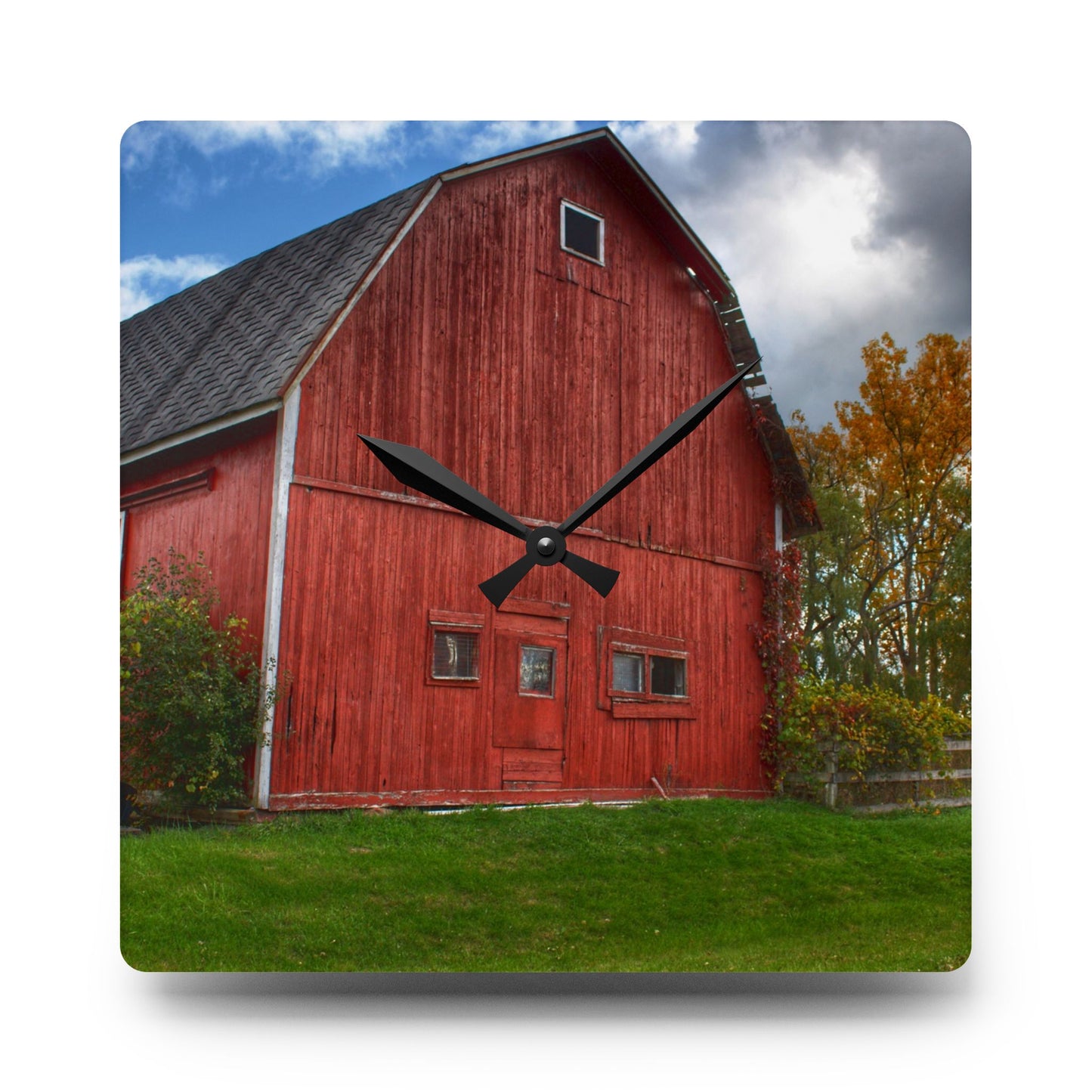 U R There Photography Hegal Road Old Red II Rustic Farmhouse Acrylic Analog Wall Clock