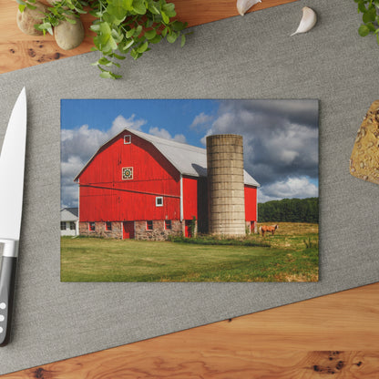 U R There Photography West Brown Road Red and Silo I Rustic Farmhouse Tempered-Glass Cutting Board