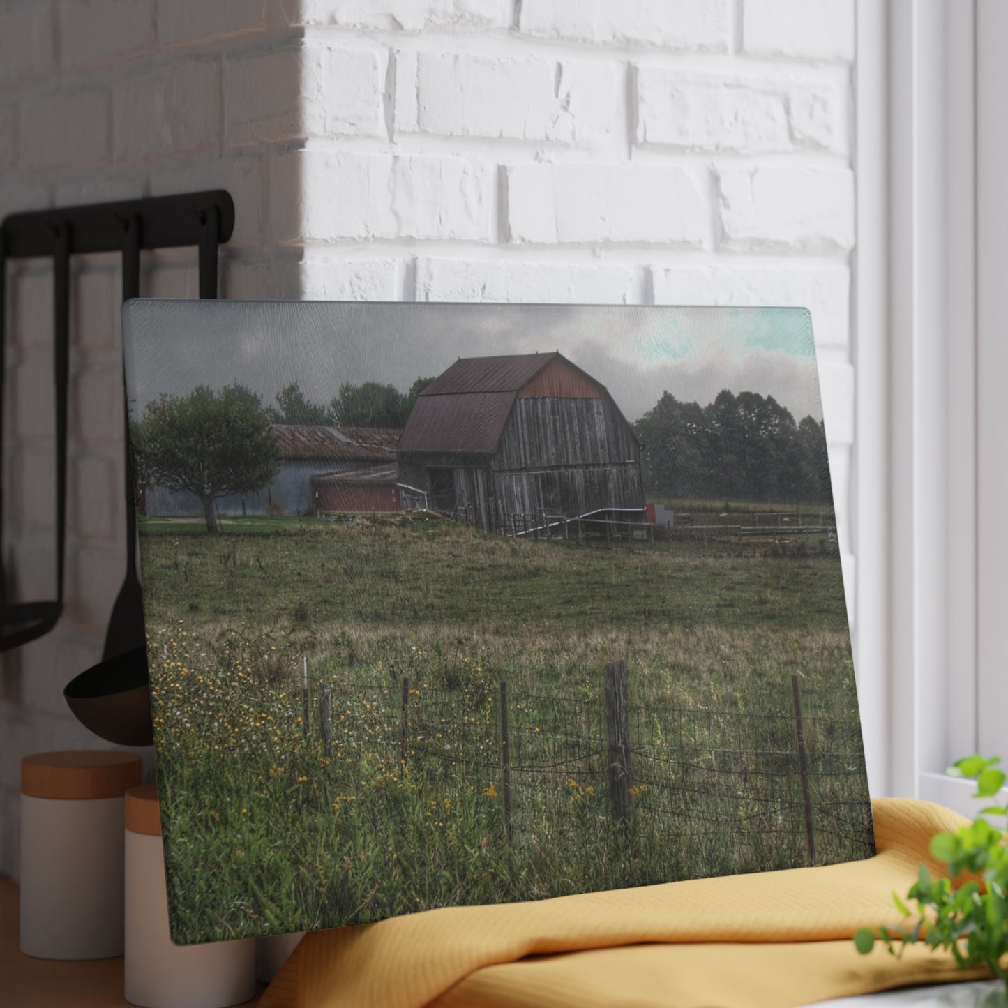 U R There Photography Newark Road Tilted Grey I Rustic Farmhouse Tempered-Glass Cutting Board