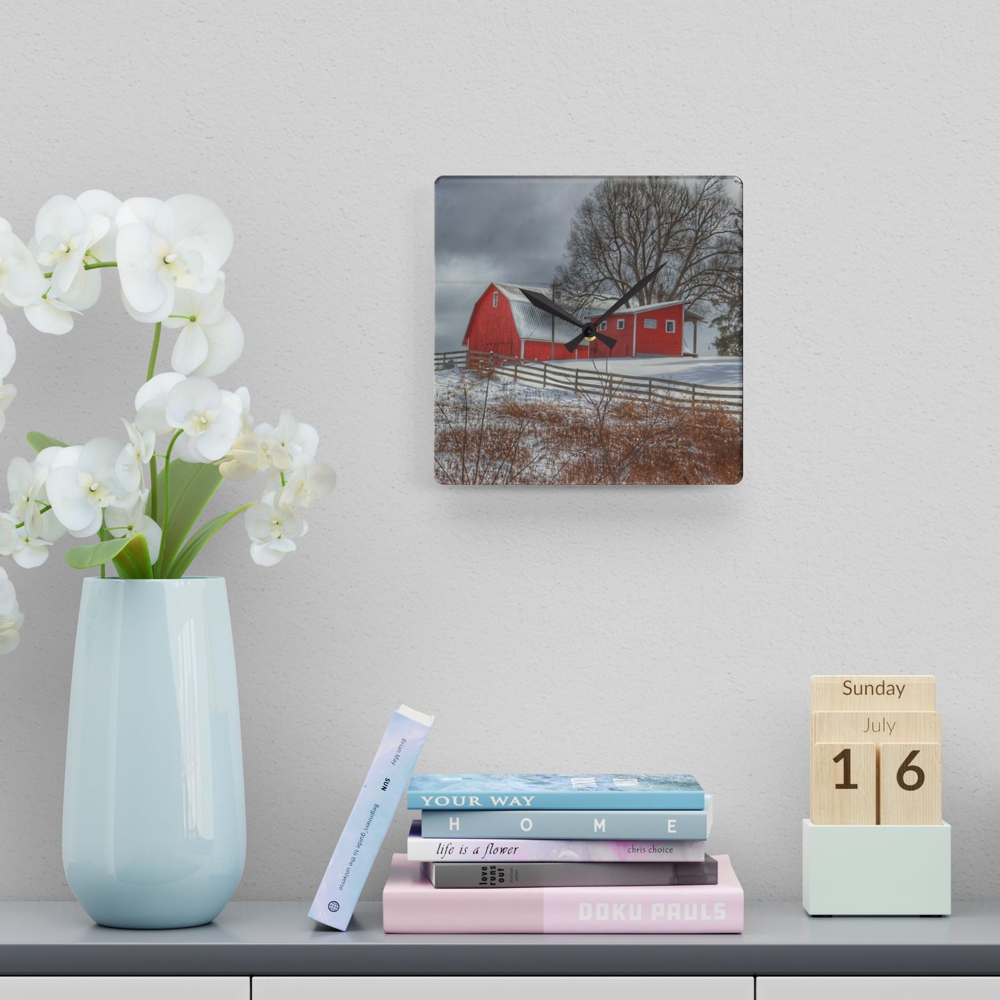 U R There Photography Catlin Red and Fence II Rustic Farmhouse Acrylic Analog Wall Clock