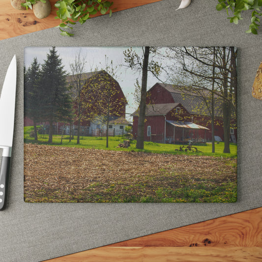 U R There Photography Bishop Road Reds III Rustic Farmhouse Tempered-Glass Cutting Board