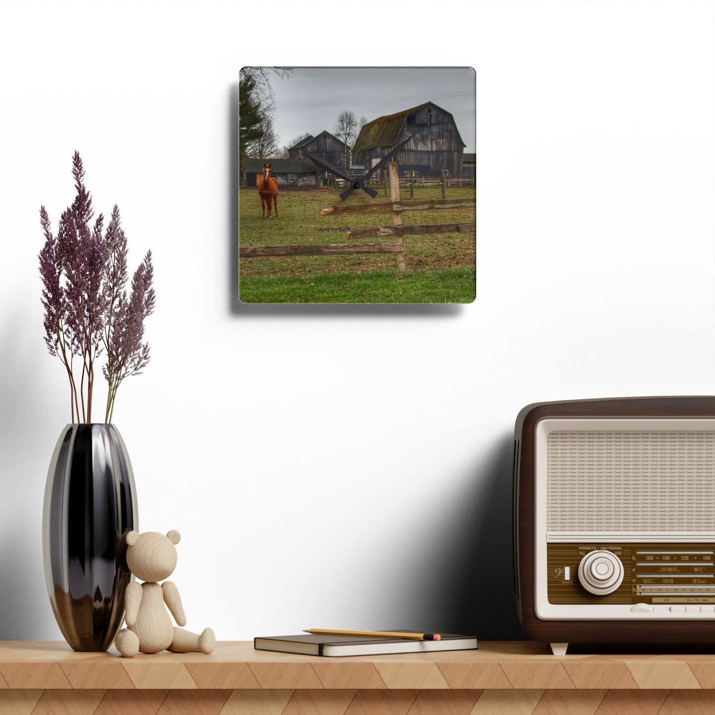 U R There Photography South Summers Road Old Grey and Caramel II Rustic Farmhouse Acrylic Analog Wall Clock