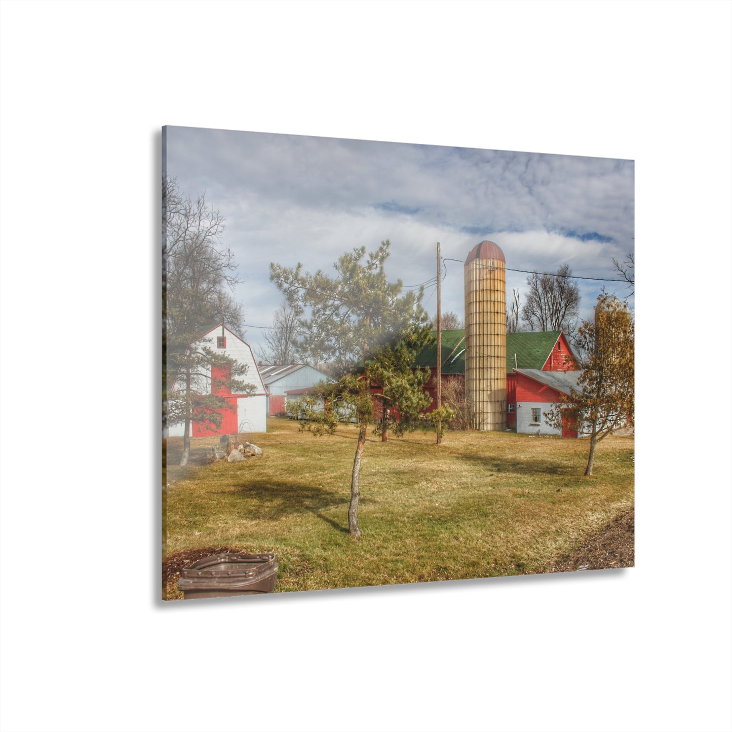 U R There Photography Newark Road Red and Silos I Rustic Farmhouse Acrylic Wall Print