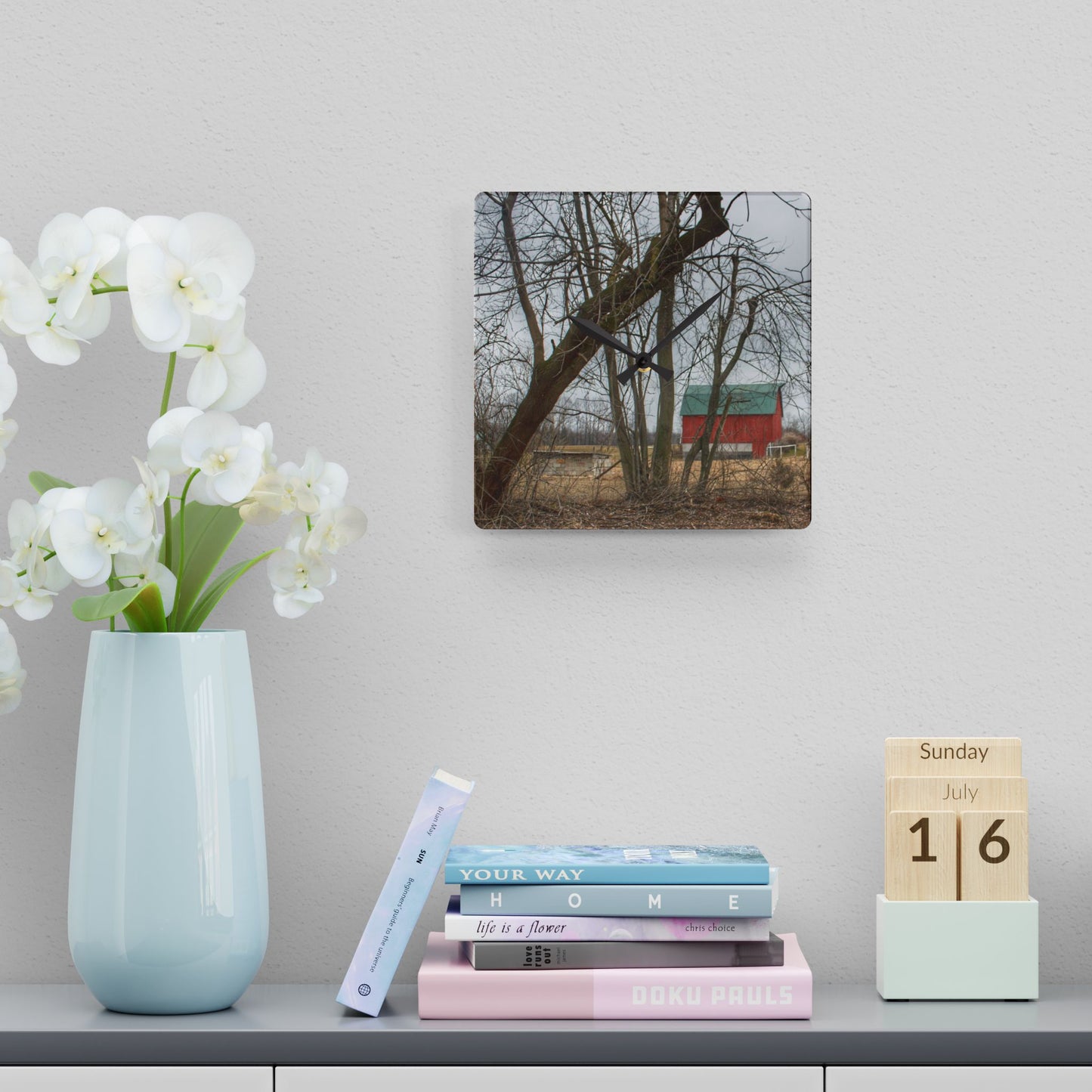U R There Photography Daley Road Red II Rustic Farmhouse Acrylic Analog Wall Clock