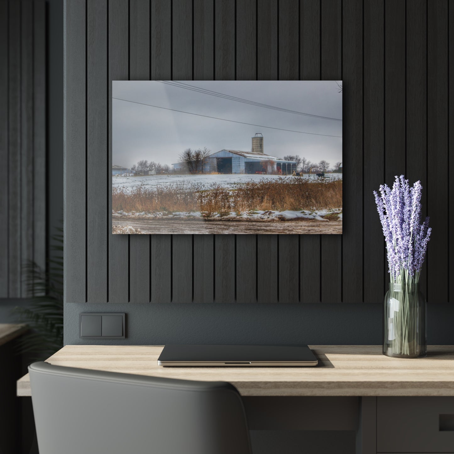 U R There Photography Noble Road Blue Cow Barn Rustic Farmhouse Acrylic Wall Print