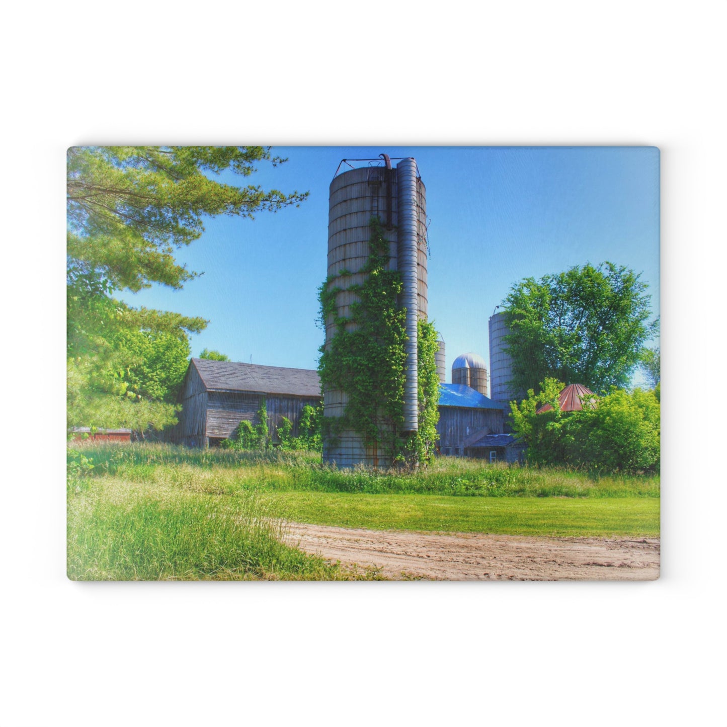 U R There Photography Bordman Road Old Grey and Silo II Rustic Farmhouse Tempered-Glass Cutting Board