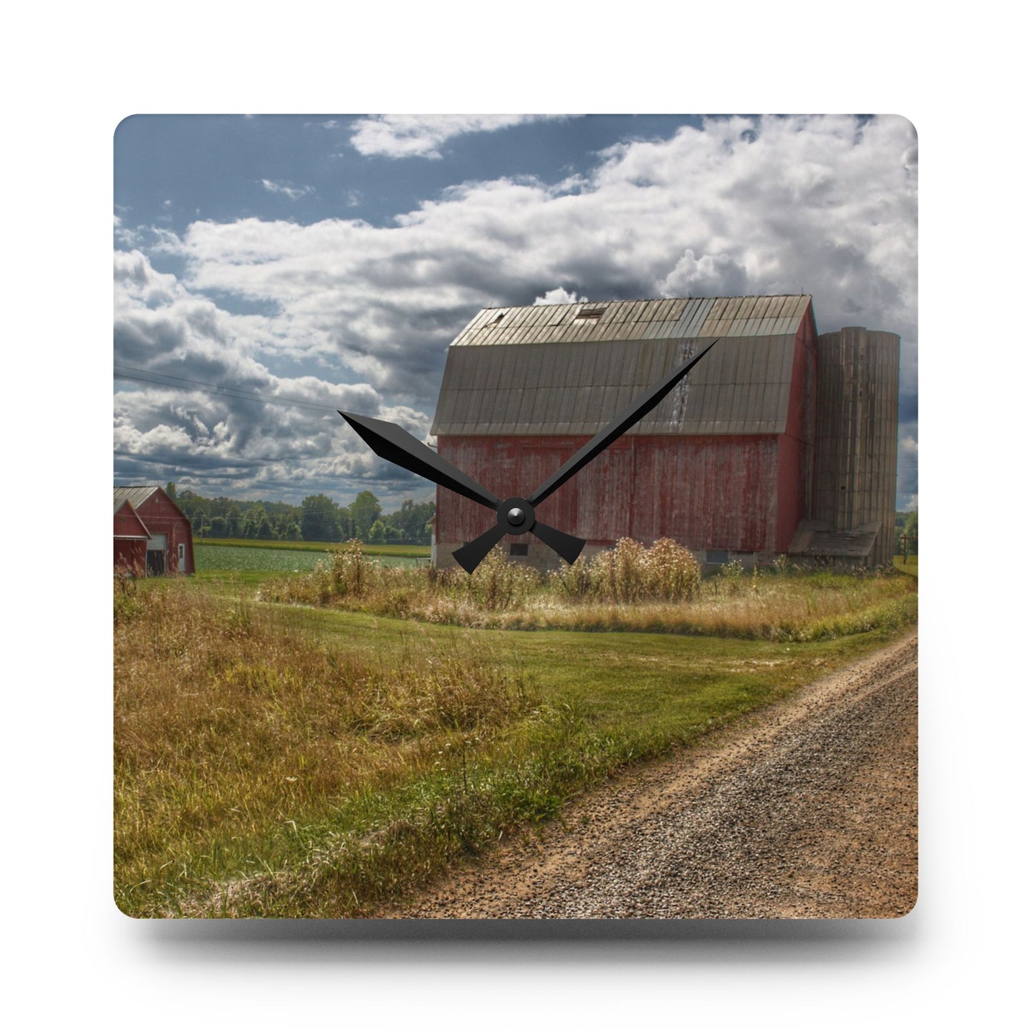 U R There Photography Haines Road Reds Rustic Farmhouse Acrylic Analog Wall Clock